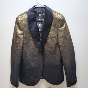 Twisted Tailor Skinny Fit Tuxedo Jacket with Gold & Black Damask Pattern, sz 44R